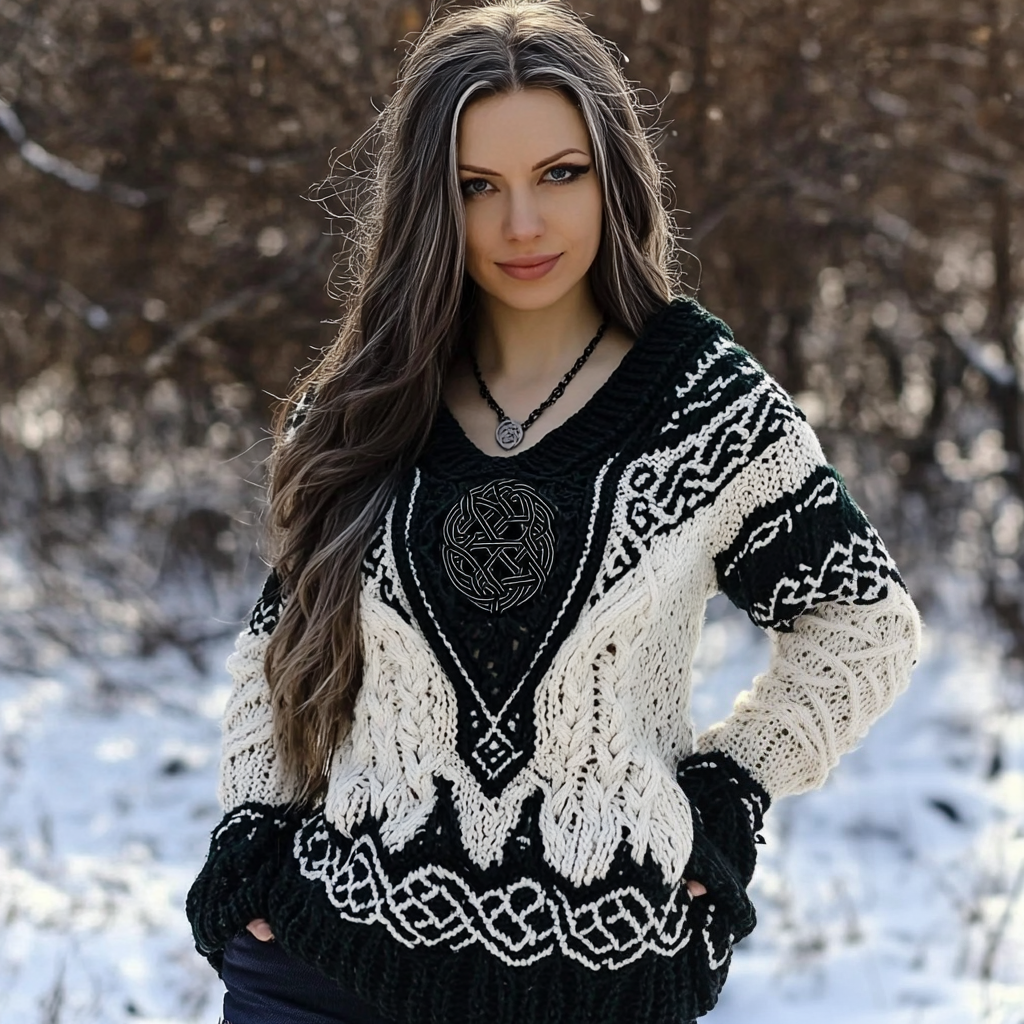 Women's Viking Rune Knit Jacquard V-neck Sweater elevenforest
