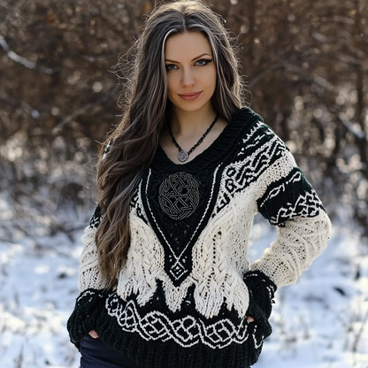 Women's Viking Rune Knit Jacquard V-neck Sweater elevenforest