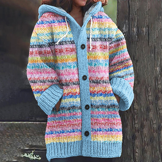 Classy Mohair Rainbow Stripe Jacquard Art Cozy Hooded Cardigan artswardrobe