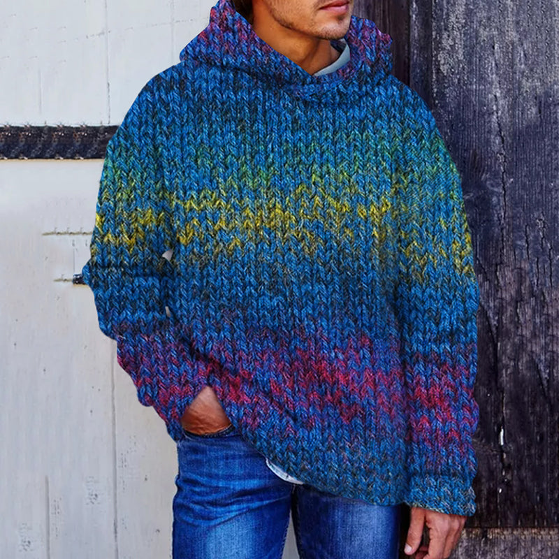 Men's Vintage Colorful Chunky Knit Crochet Art Cozy Hooded Sweater elevenforest