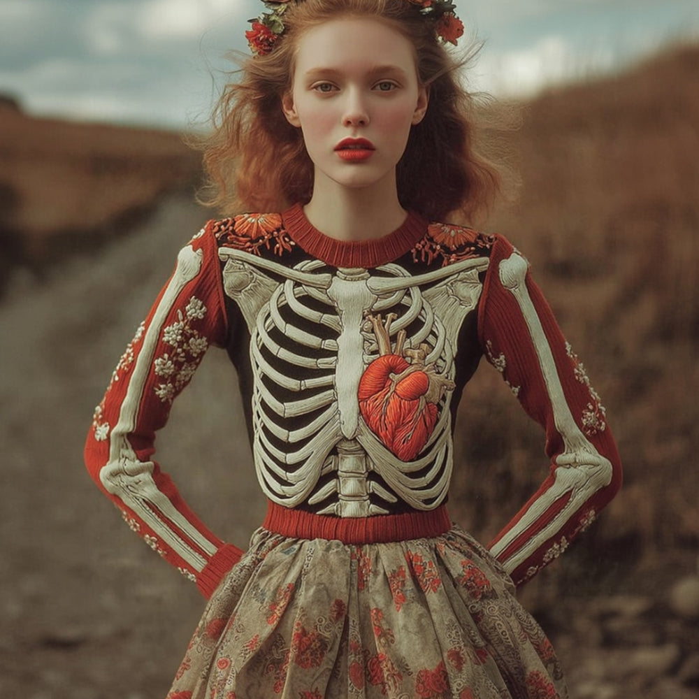 Women's Halloween Anatomy Art And Flower Color Blocked Round Neck Sweater artswardrobe