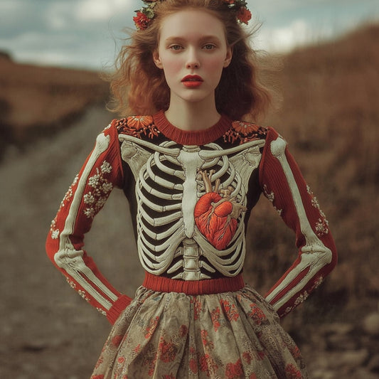 Women's Halloween Anatomy Art And Flower Color Blocked Round Neck Sweater artswardrobe