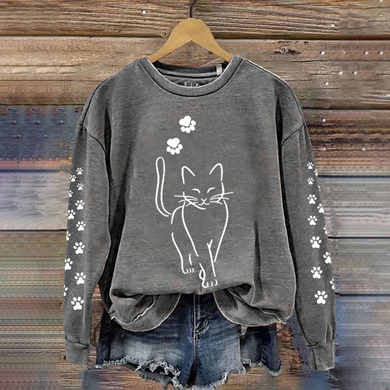 Comstylish Cute Cat Print Crew Neck Sweatshirt