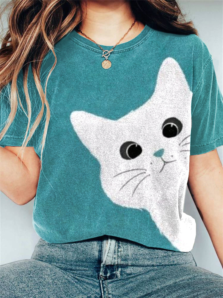 Comstylish Cute White Cat Art Print Casual T-Shirt
