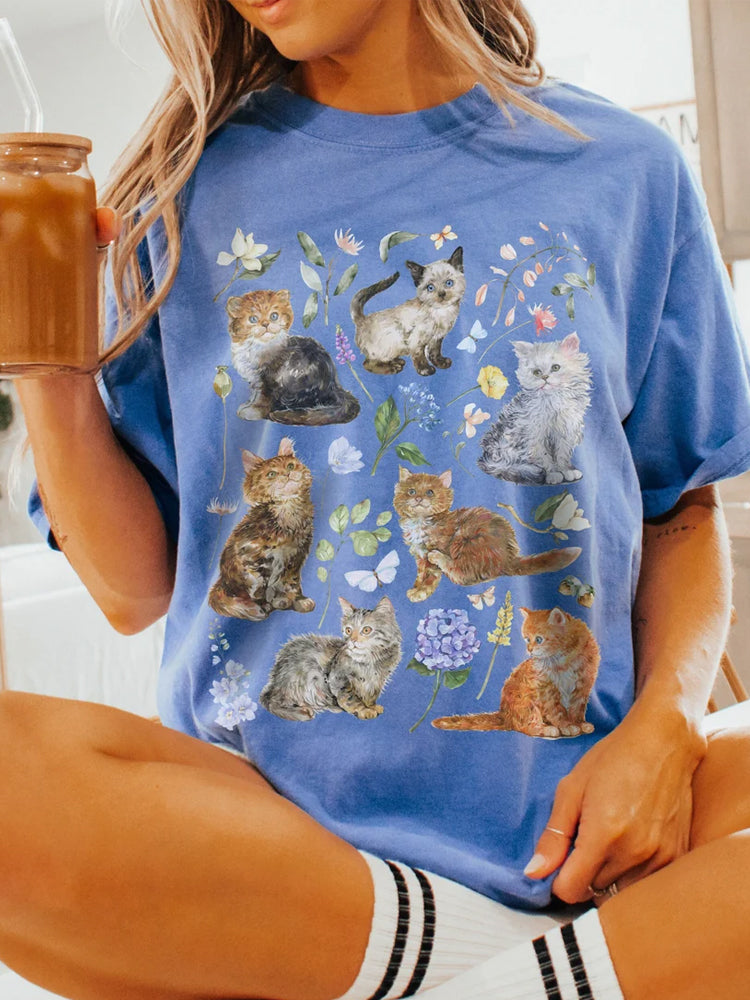 Countryside Cat Embroidery Print T-shirt artswardrobe