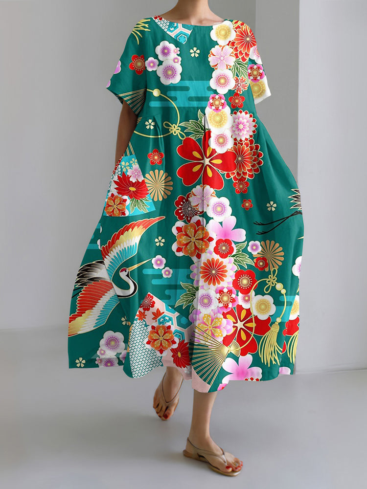 Flower Crane Japanese Art Print Loose Midi Dress