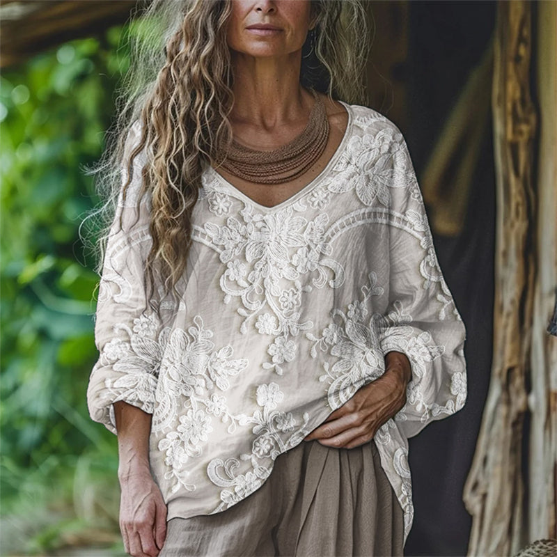 Comstylish Boho Floral Embroidered Lace Flowy Linen Tunic