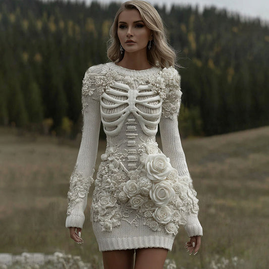 Women's Vintage Skeleton With White Rose Art Cozy Sweater Dress artswardrobe