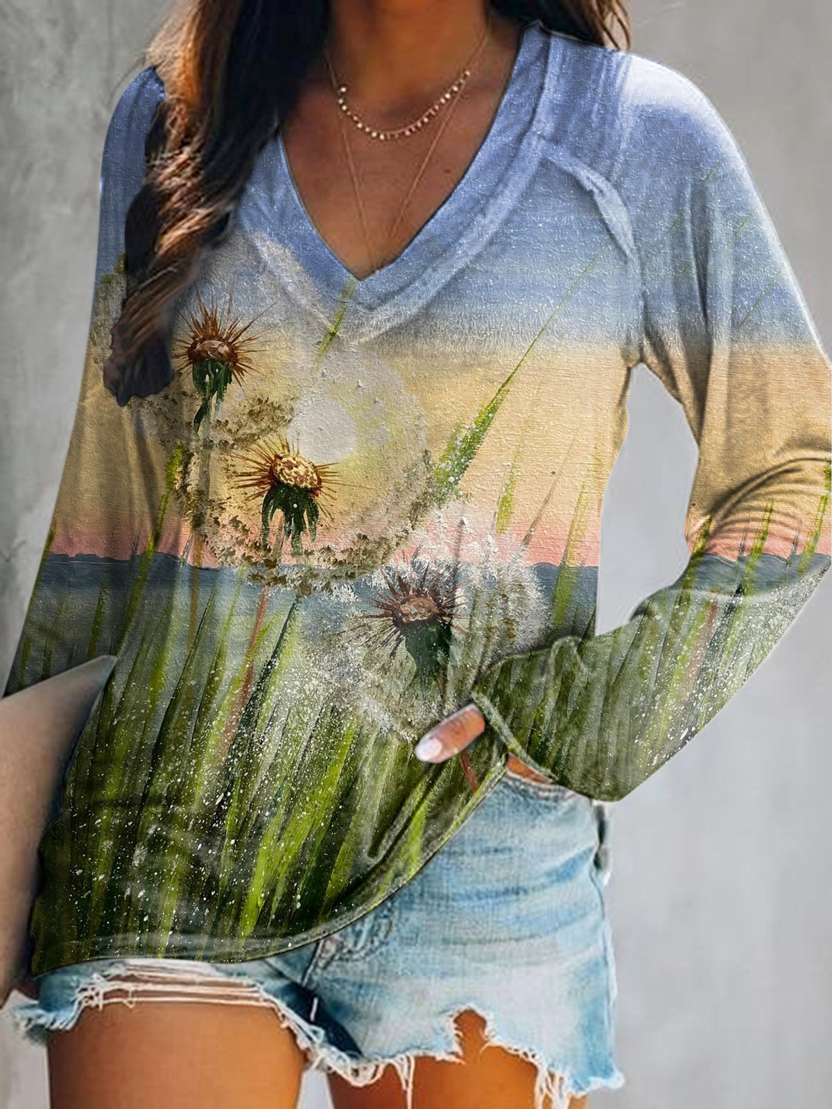 Women's Dandelion Art Print V-Neck Long Sleeve Top