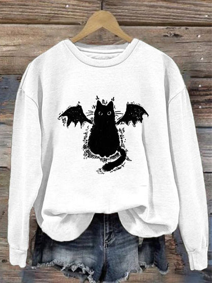 Women's Casual Demon Black Cat Print Sweatshirt elevenforest