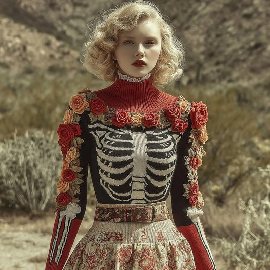 Women's Retro Rose Skull Cozy Jacquard Knitted Turtleneck Sweater artswardrobe