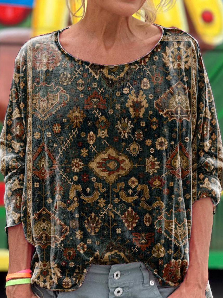 Women's Vintage Ethnic Floral Art Print Casual Long Sleeve T-shirt