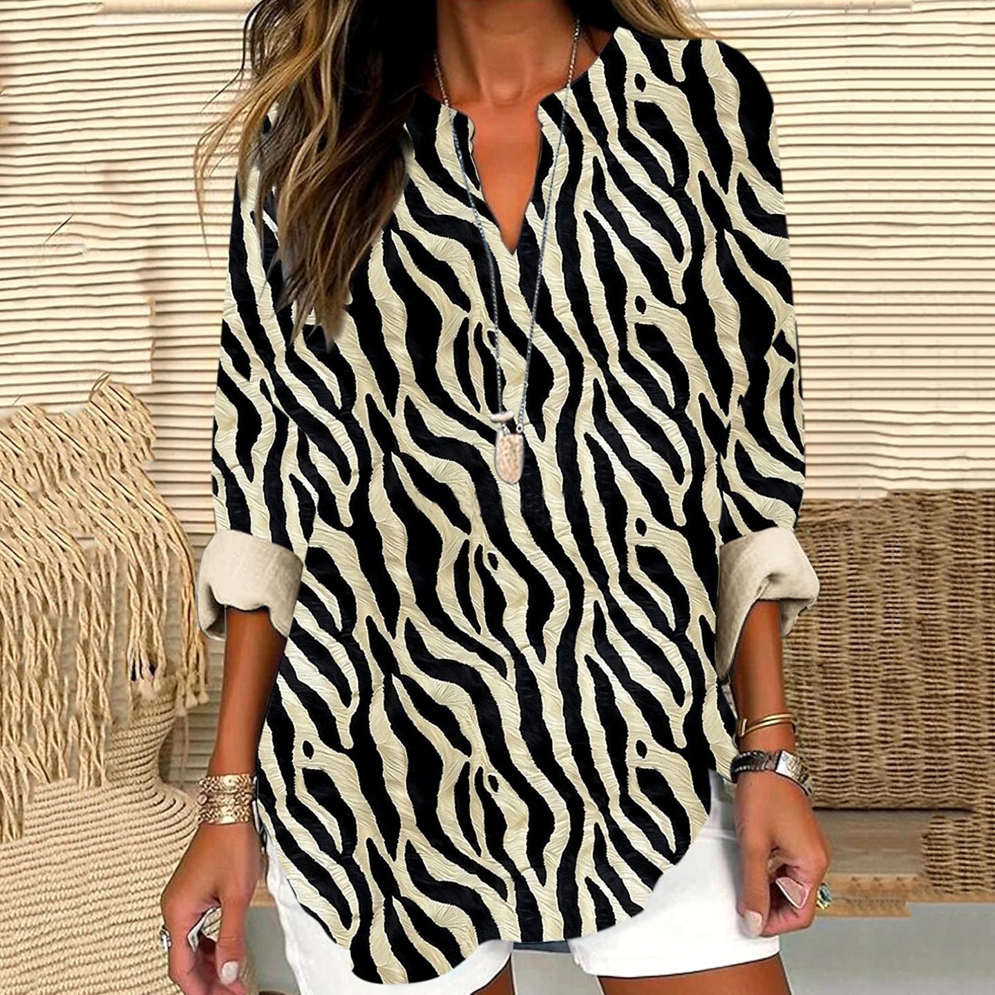 Comstylish Vintage Geometric Print Linen Shirt