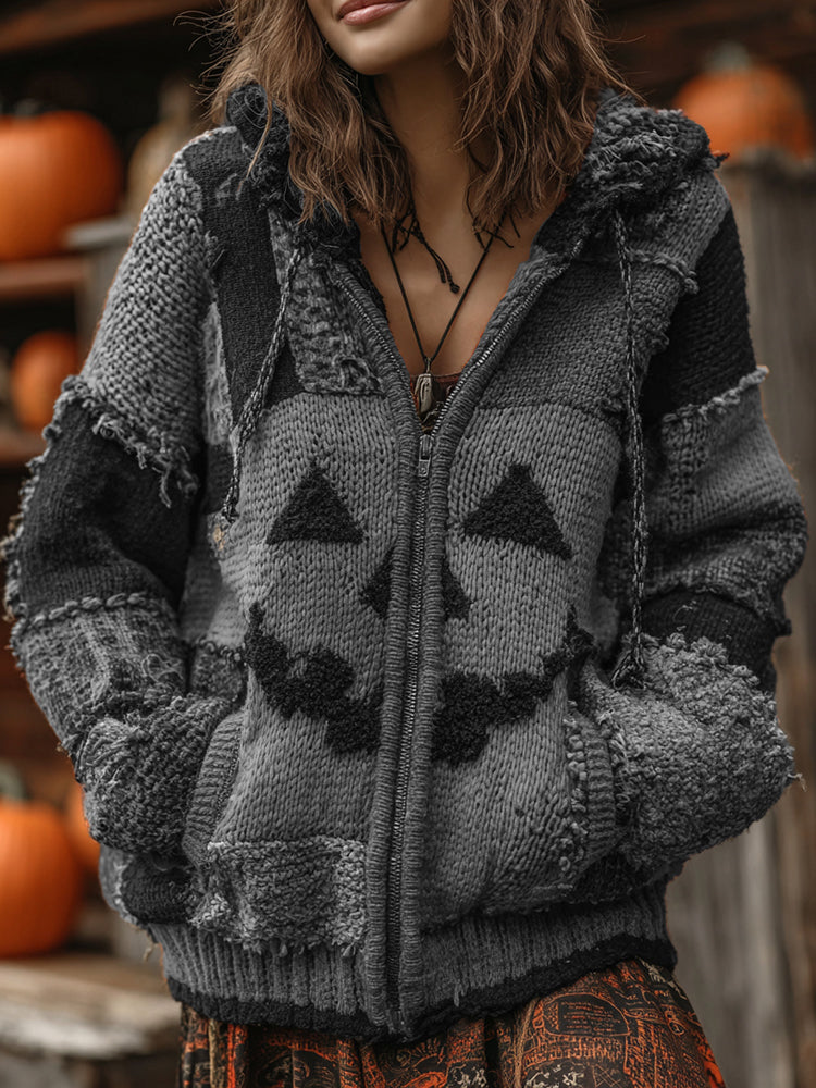Patchwork Halloween Pumpkin Face Art  Cozy Knit Hooded Cardigan artswardrobe