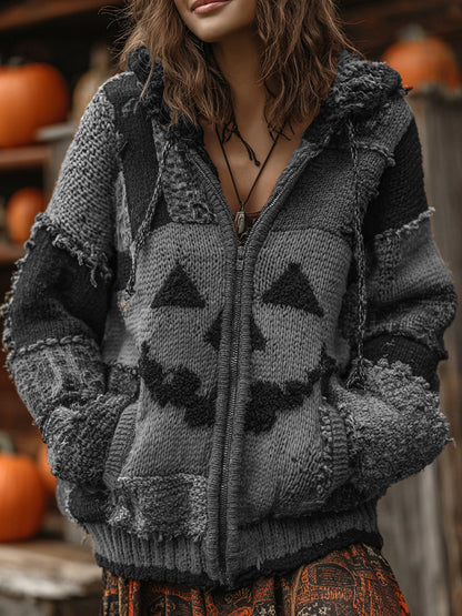 Patchwork Halloween Pumpkin Face Art  Cozy Knit Hooded Cardigan artswardrobe