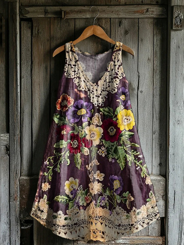 Women's Vintage Lace Floral Art Print V-neck Pocket Cotton Dress