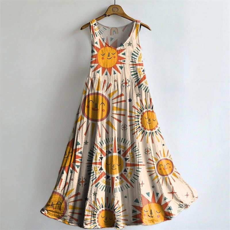 Cute Face Sunburst Pattern Art Print Round Neck Sleeveless Cotton Pock