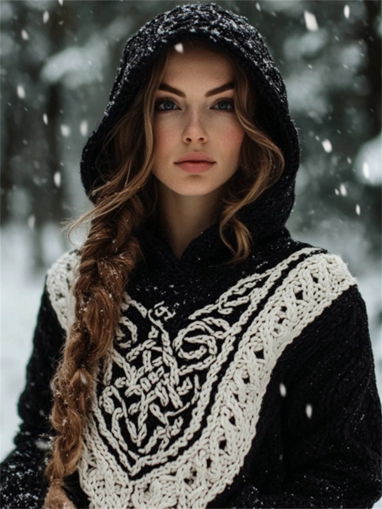 Vintage Celtic Knot Jacquard Contrast Hooded Chunky Sweater elevenforest