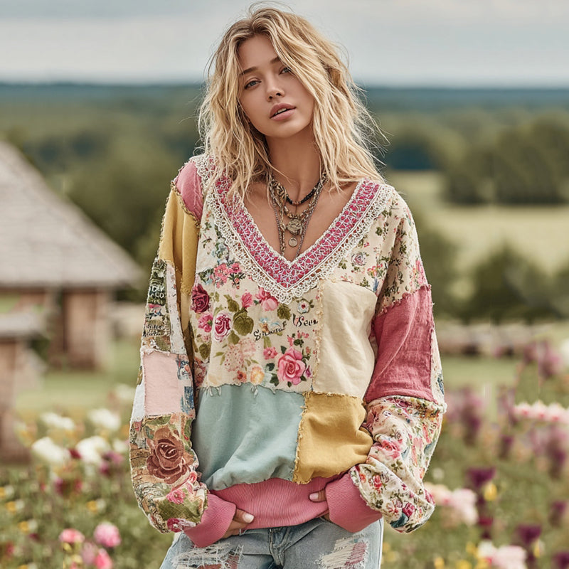 Comstylish Women's Vintage Floral Patchwork Art Cozy Warm Sweatshirt