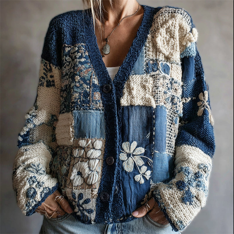 Vintage Floral Japanese Sashiko Colorblock Cozy Knit Cardigan artswardrobe