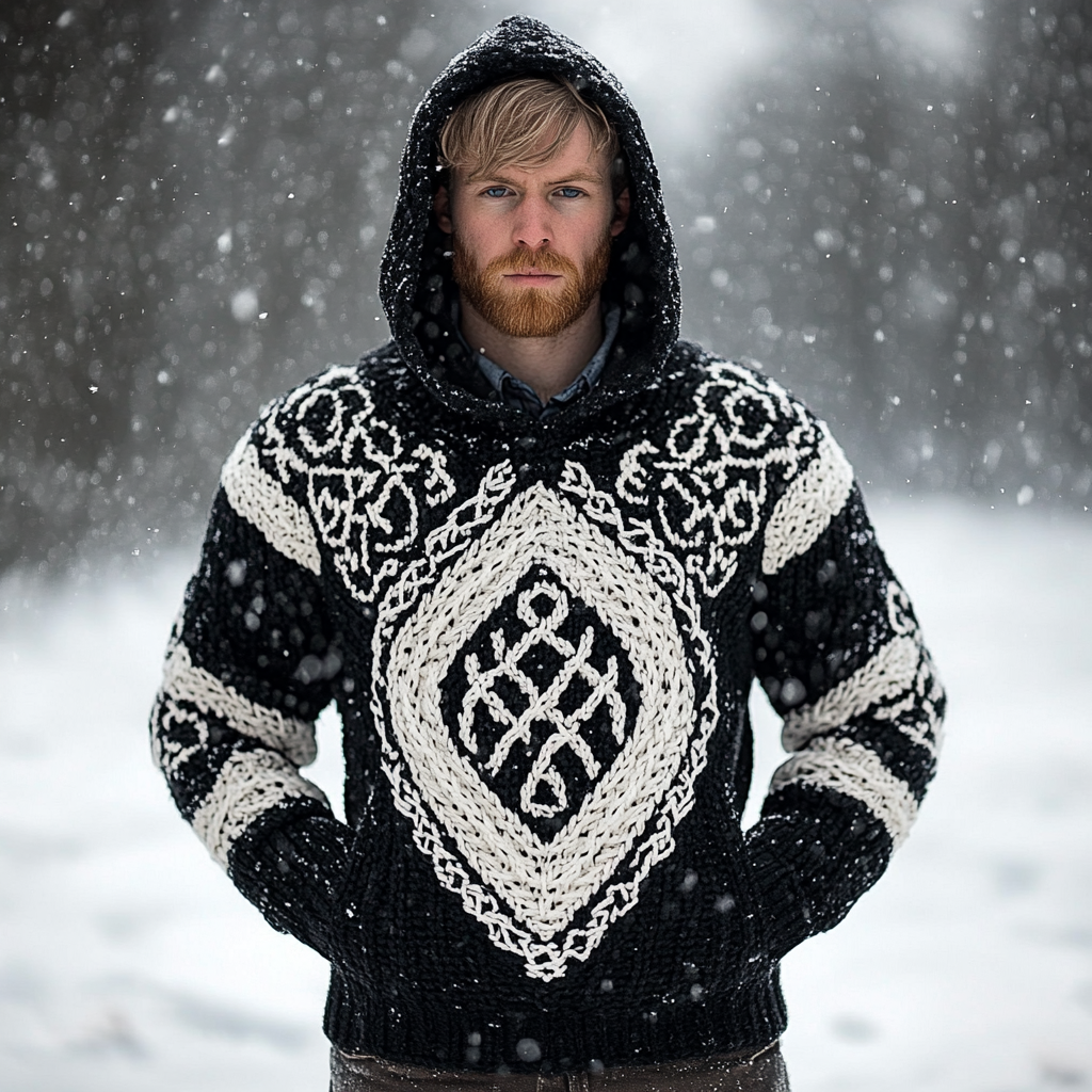 Men's Vintage Viking Celtic Jacquard Chunky Hooded Sweater elevenforest