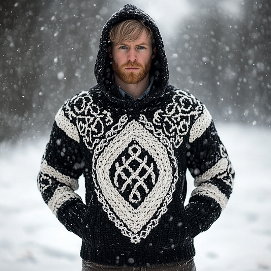 Men's Vintage Viking Celtic Jacquard Chunky Hooded Sweater elevenforest