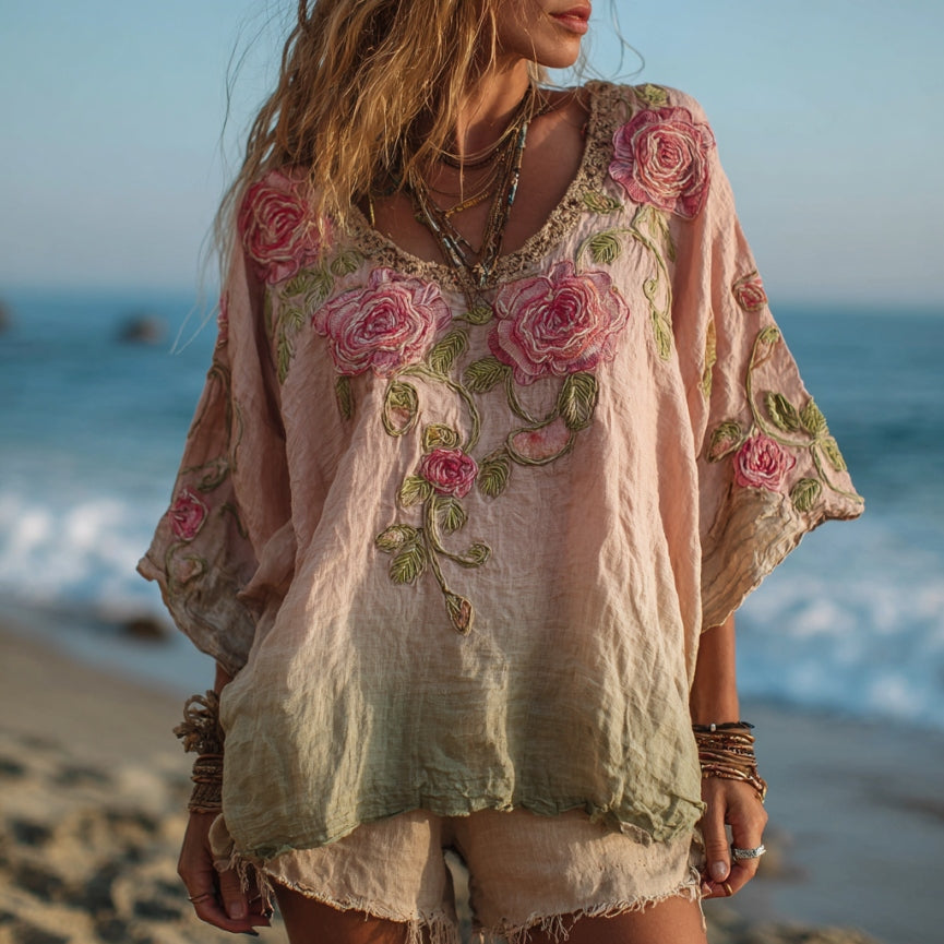 Women's Vintage Rose Gradient Art V Neck Linen Comfy T-shirt artswardrobe