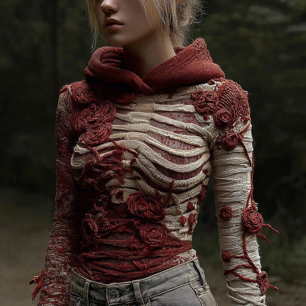 Women's Halloween Anatomical Bandage Rose Art Cozy Knit Hooded Sweater artswardrobe