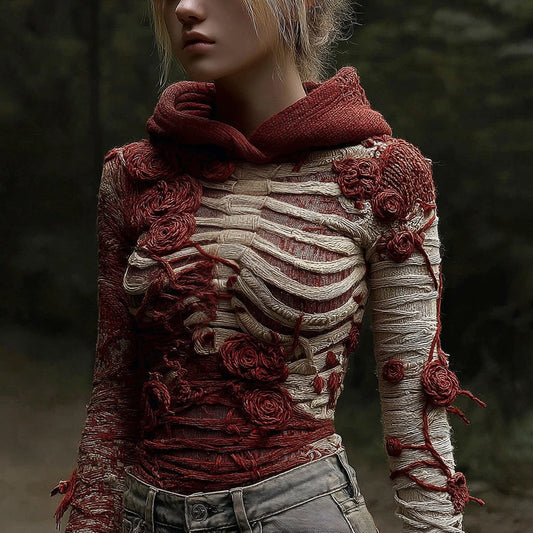 Women's Halloween Anatomical Bandage Rose Art Cozy Knit Hooded Sweater artswardrobe