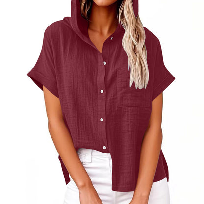 Comstylish Women's Solid Color Linen Vintage Hooded Shirt