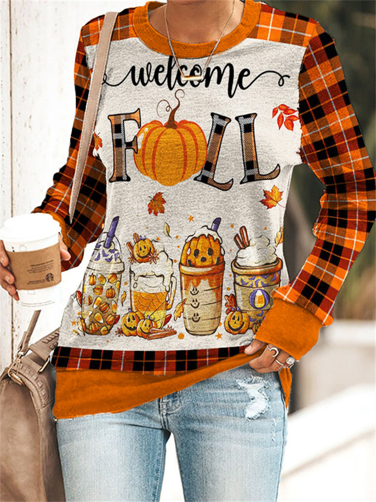Fall Pumpkin Drinks Plaid Patchwork Sweatshirt artswardrobe
