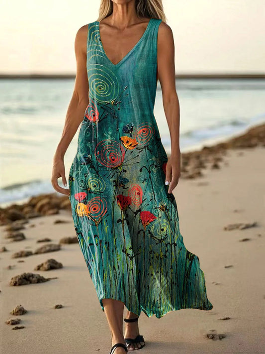 Women's Floral Art Print Pocket Cotton Dresses