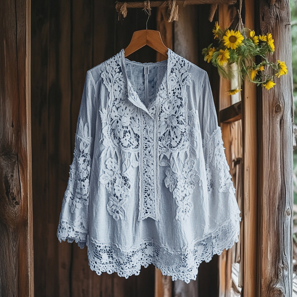 Comstylish Women's Retro Floral Lace Embroidery Art V-neck Shirt