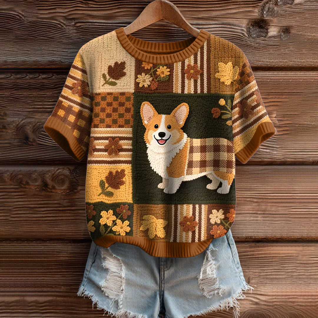 Vintage Corgi Dog With Felt In Autumn Inspired Embroidered Short Sleeve Cozy Knit Sweater artswardrobe