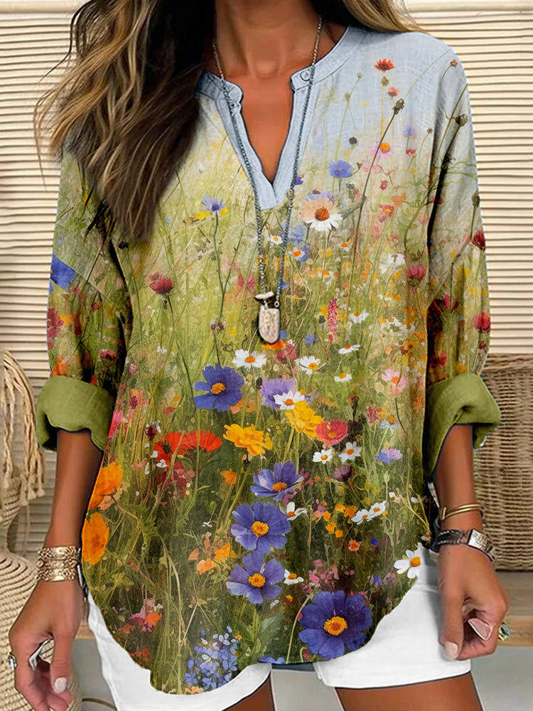 Comstylish Wildflower Field Art Linen Blend Cozy Tunic