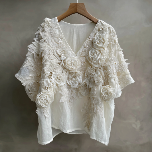 Bohemian Style Woman's V-neck White Rose Short-sleeved Shirt artswardrobe