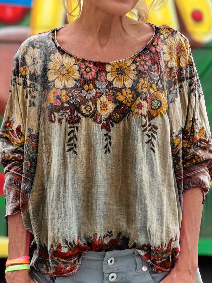 Women's Vintage Ethnic Floral Art Print Casual Long Sleeve T-shirt