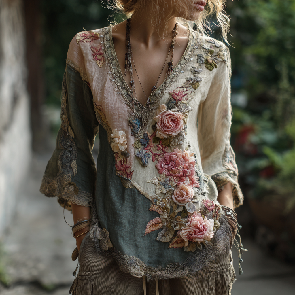 Comstylish Women's Vintage Rose Floral Linen T-shirt