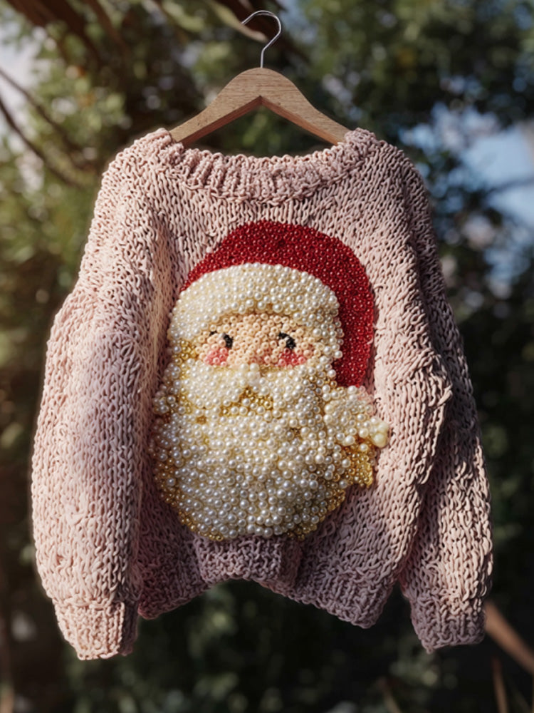 Santa Claus Embroidered Pearl Crew Neck Sweater artswardrobe