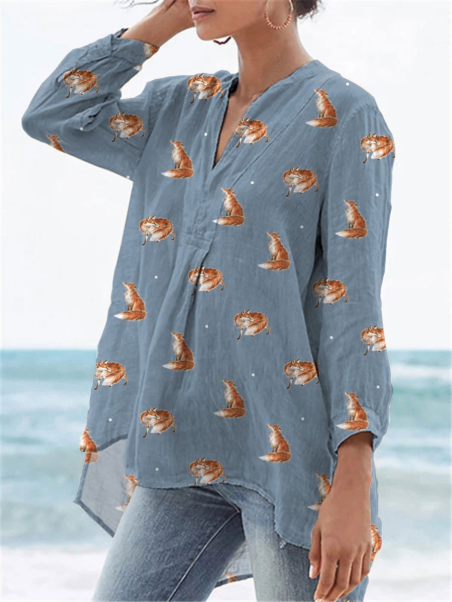 Petite Foxes Repeat Pattern Printed Women's Casual Linen V-Neck Shirt
