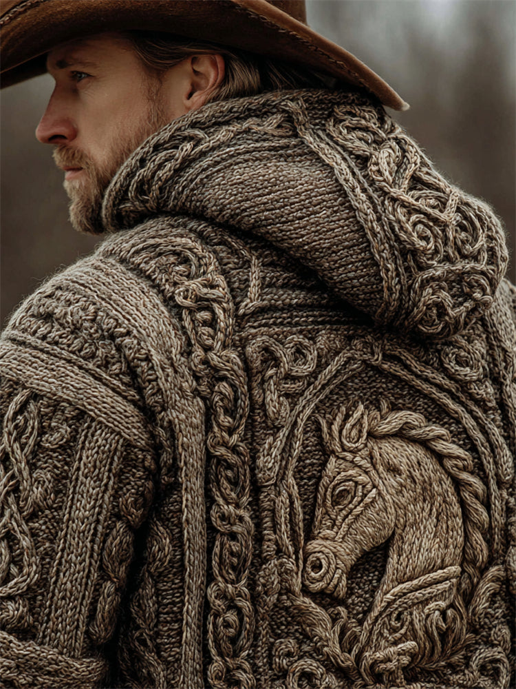 Men's Vintage Horse Crochet Celtic Cozy Knit Hooded Sweater artswardrobe