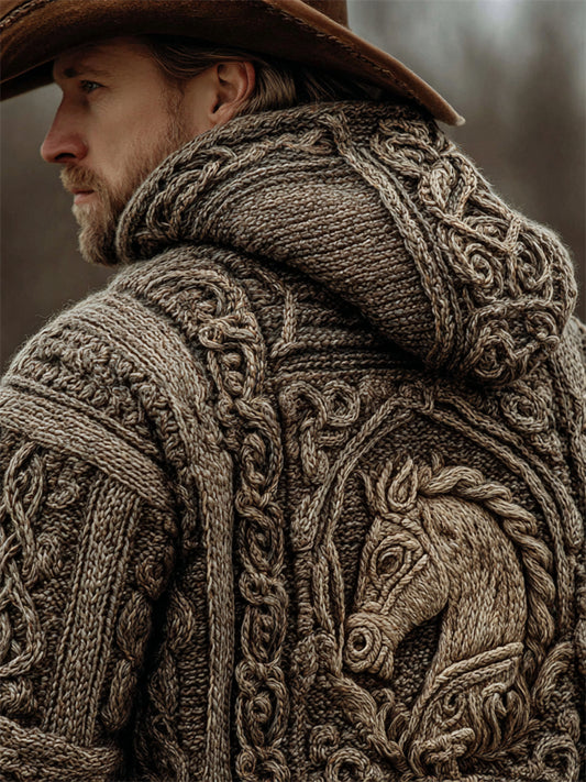 Men's Vintage Horse Crochet Celtic Cozy Knit Hooded Sweater artswardrobe