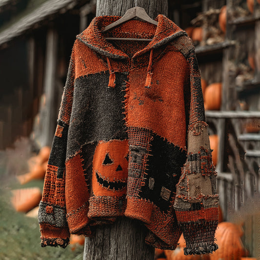 Vintage Patchwork Halloween Pumpkin Face Art Cozy Knit Hooded Sweater artswardrobe