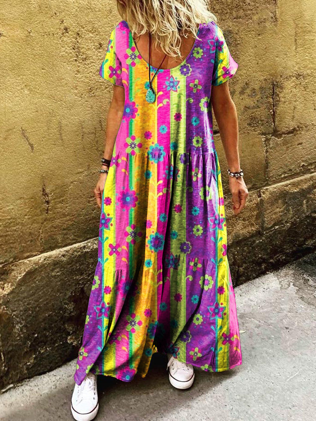 Women's Bohemian Floral Collage Art Print Pocket Short Sleeve Cotton D