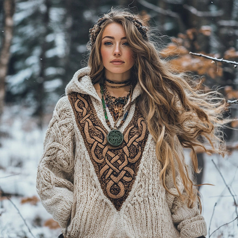 Women's Viking Celtic Knot Cozy Warm Knit Hooded Sweater artswardrobe