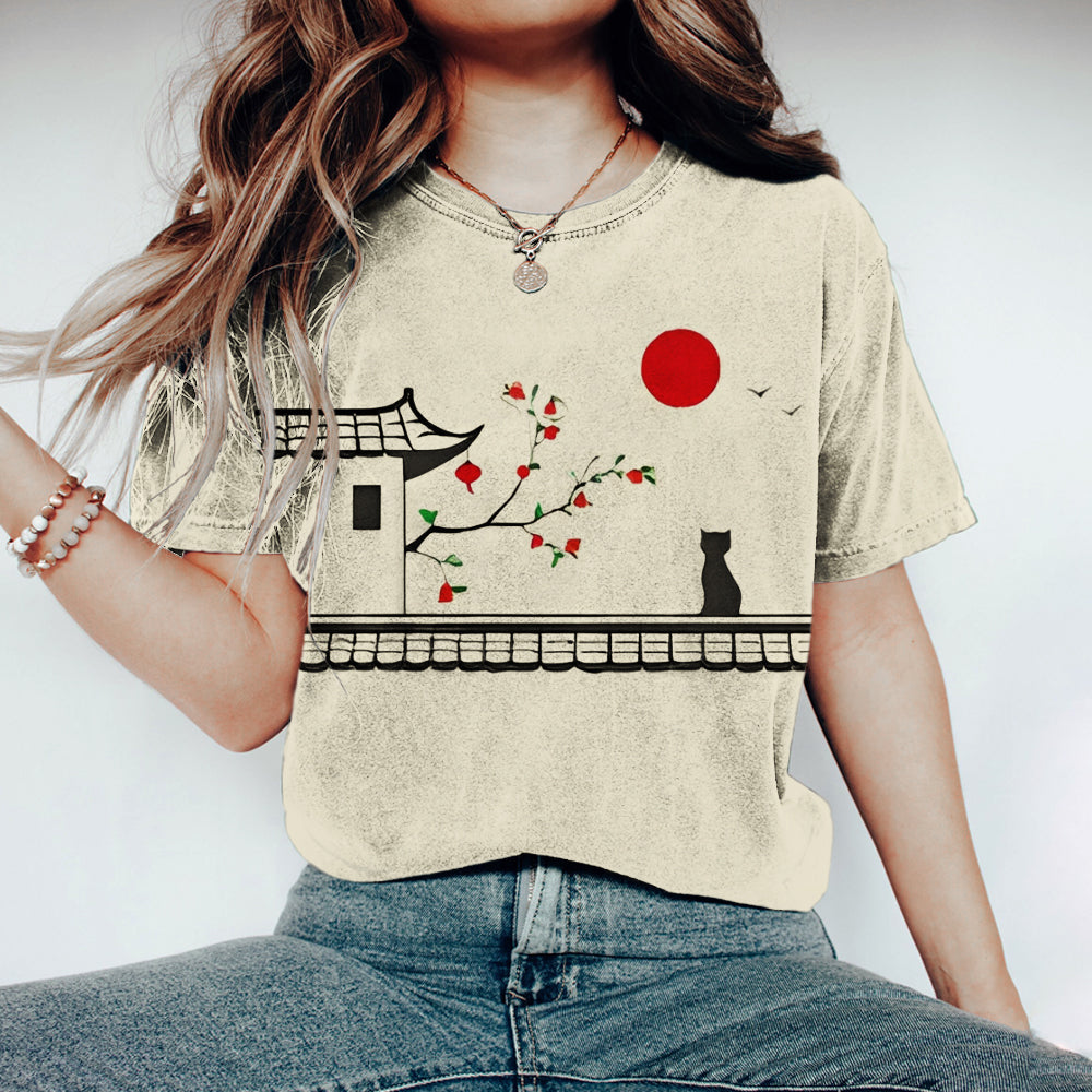 Japanese Cat Floral Print Vintage Women's T-shirt elevenforest