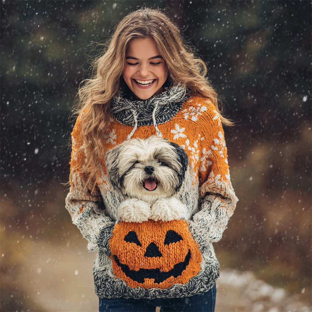 Comstylish Halloween Cute Pet Dog Women's Knit Hooded Sweater