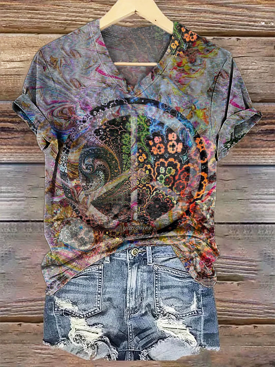 Women's Hippy Art Print V-Neck Casual T-Shirt