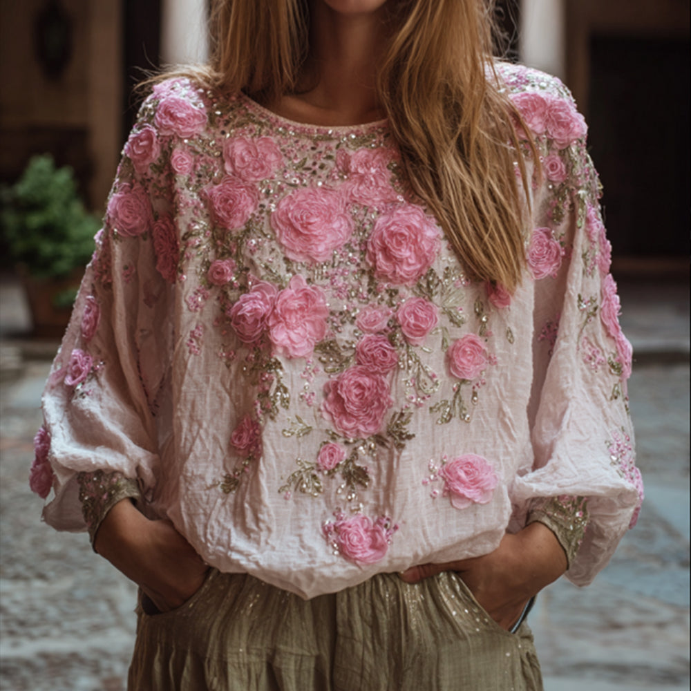 Comstylish Ladies' Embroidered Flower Vintage Casual V-neck Long-sleeved Top