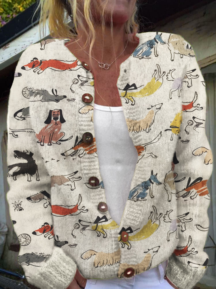 Comstylish Running Puppies Doodle Pattern Women's Cozy Sweater Cardigan